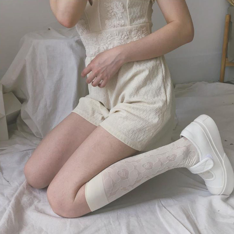 Vintage embroidered leg socks with dark rose lace flowers thigh knee high socks