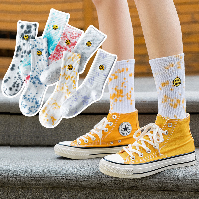 Tie dye ink painting attern tube socks elastic comfortable breathable cotton women knitting crew length socks