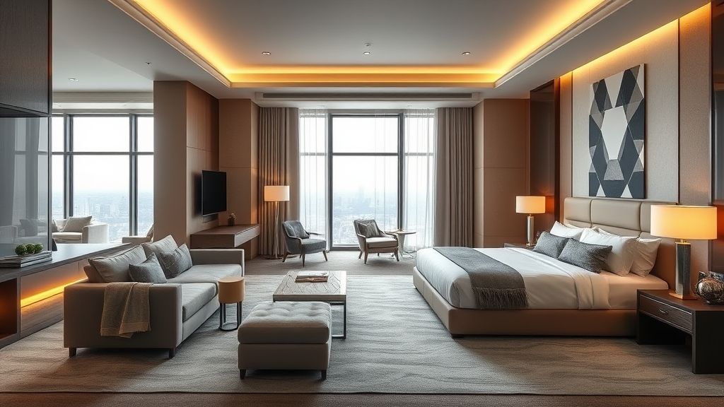 suite di hotel di lusso caratterizzata da mobili modulari con soluzioni di archiviazione personalizzate