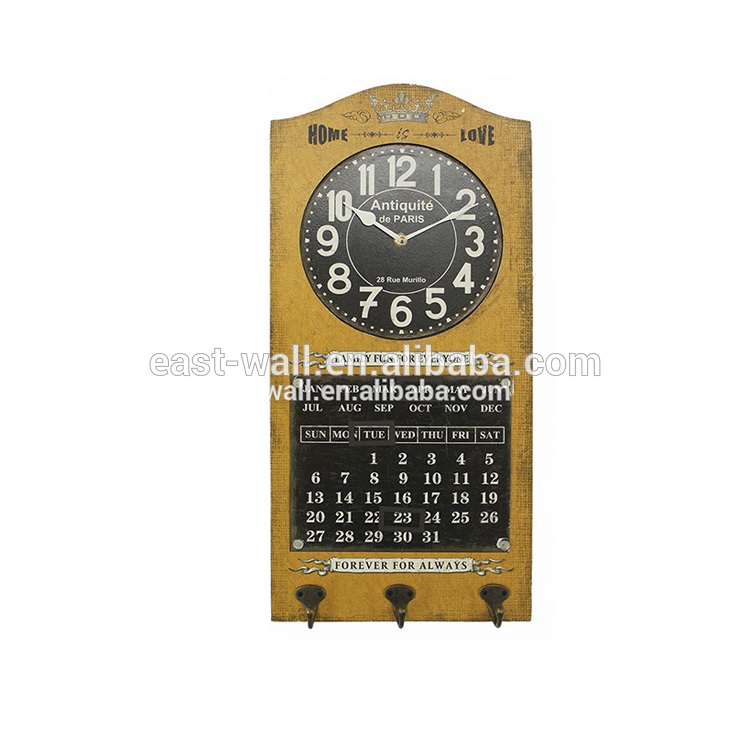 New Product Decorative Home Iron Vintage Calendar Wall Clocks with Hook