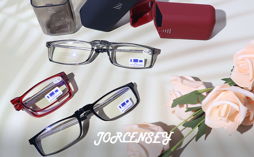 3 Pack Folding Reading Glasses Blue Light Blocking with Mini Portable Clip Case Men Women Small Readers Spring Hinge Pocket Eyeglasses