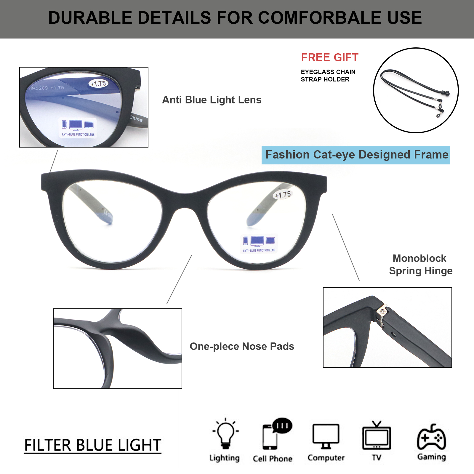 3 Pack Reading Glasses Blue Light Blocking for Women,Designer Cat Eye Frame Ladies Computer Readers with Flexible Spring Hinges