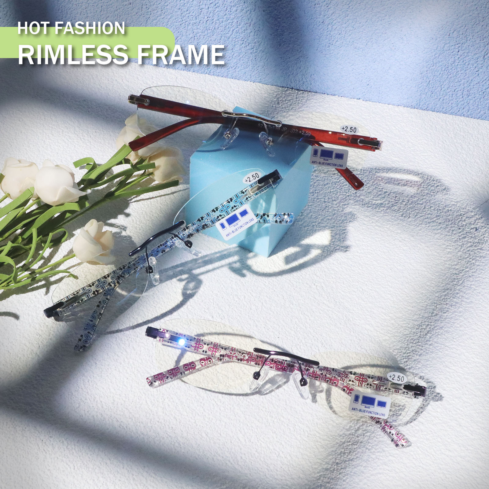 3 Pack Rimless Reading Glasses for Women Blue Light Blocking Readers Classic Computer Eyeglasses Mix