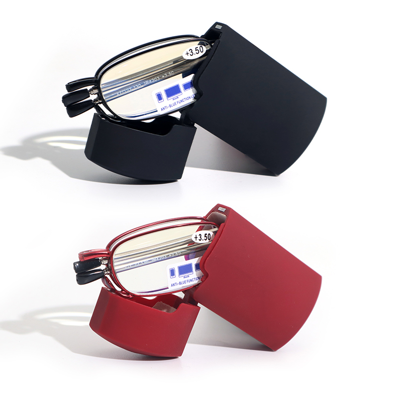 Reading Glasses 2 Pair Black and Red Readers Compact Folding Unisex Glasses for Reading Case Included