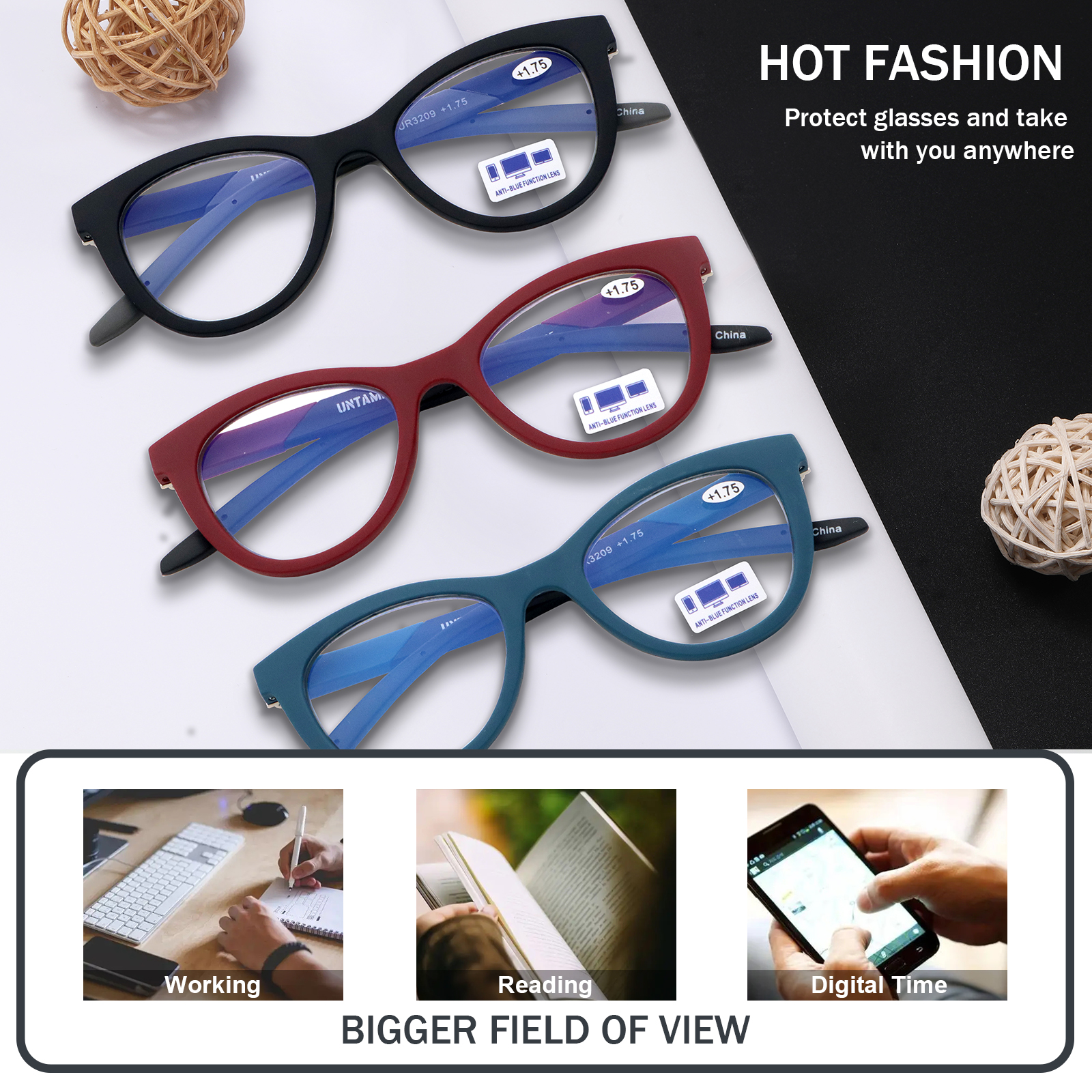 3 Pack Reading Glasses Blue Light Blocking for Women,Designer Cat Eye Frame Ladies Computer Readers with Flexible Spring Hinges
