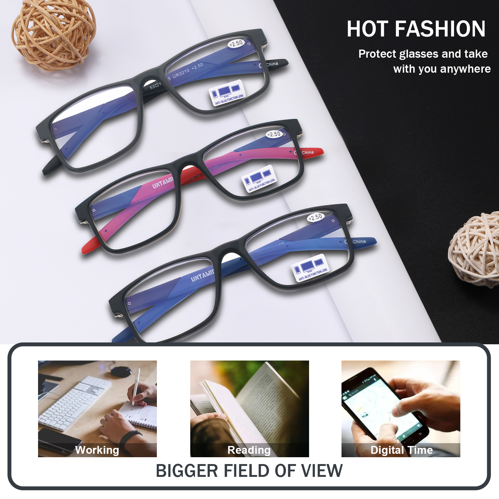 3 Pack Reading Glasses Blue Light Blocking for Men Women,Rectangular Frame Computer Readers with Spring Hinge Anti Glare UV Ray Filter Eyeglasses