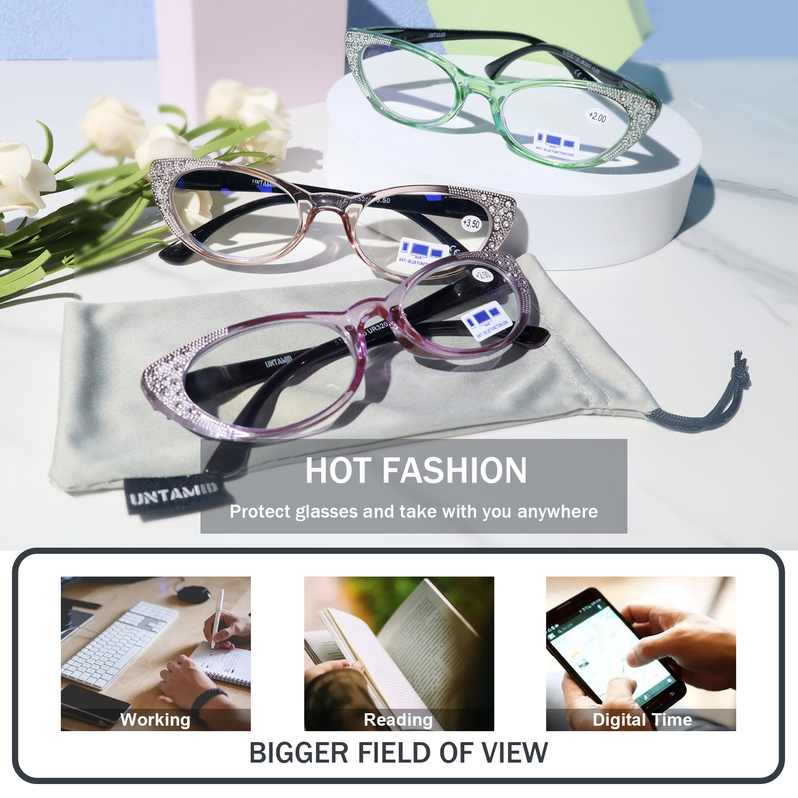 3 Pack Reading Glasses Blue Light Blocking for Women,Designer Cat Eye Frame Ladies Computer Readers with Flexible Spring Hinges