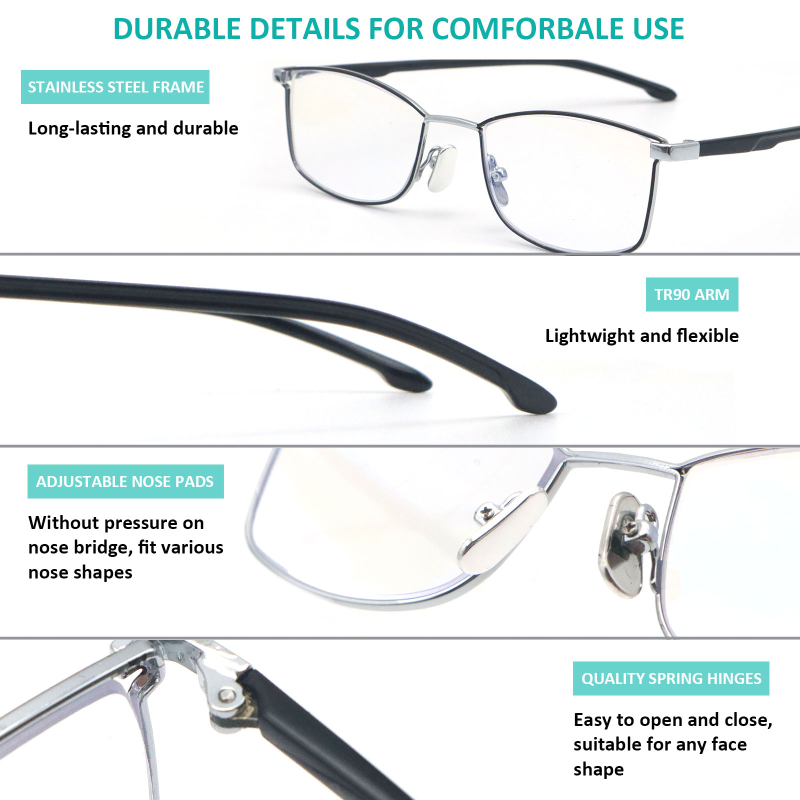 Blue Light Blocking Reading Glasses for Men Women Metal Quality Classic Frame Rectangle Style Comfort Spring Hinges Computer Readers