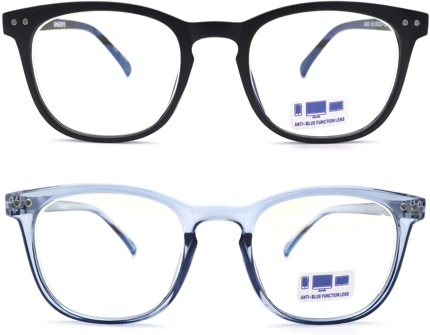 Reading Glasses for Women 2 Pack GINGEREYE Trendy Blue Light Blocking Reader Anti Glare Filter Square Eyeglasses w/Spring Hinge