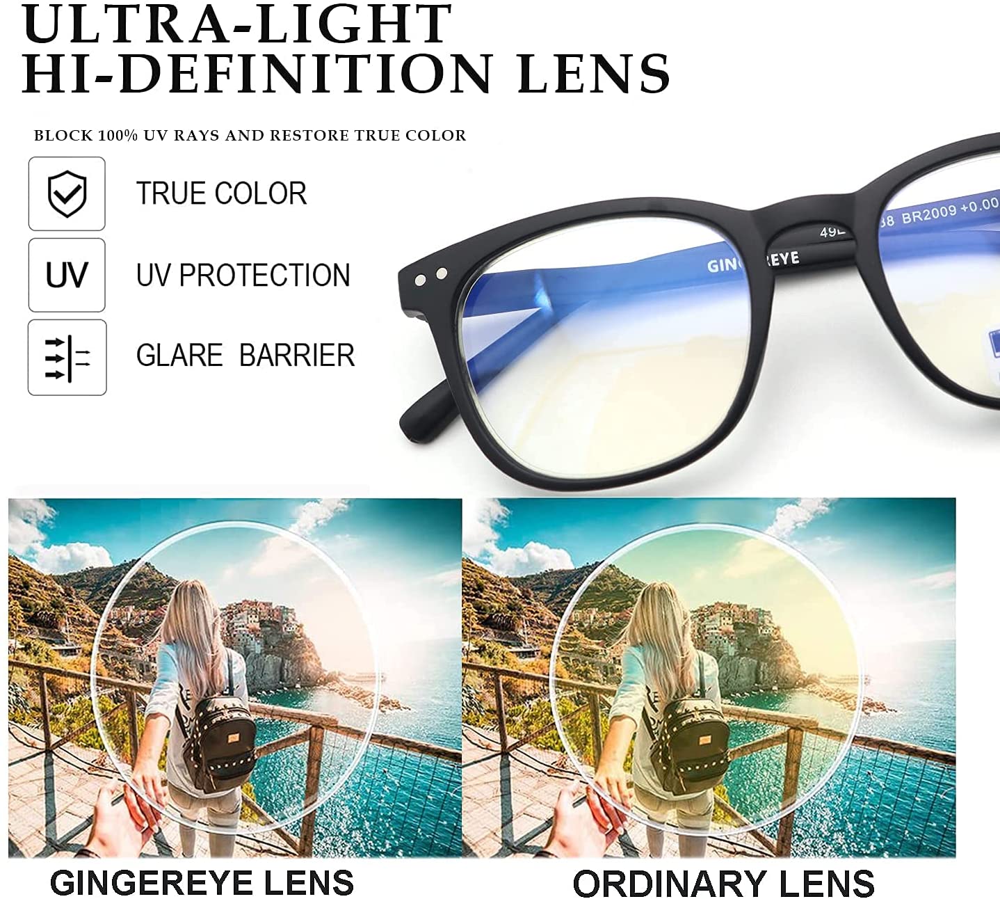 Reading Glasses for Women 2 Pack GINGEREYE Trendy Blue Light Blocking Reader Anti Glare Filter Square Eyeglasses w/Spring Hinge