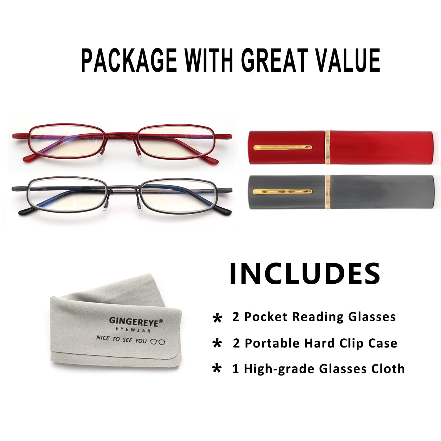  Blue Light Blocking Reading Glasses Compact Slim Pocket Reader for Women Eyeglasses W/ Portable Pen Clip Case