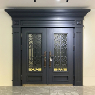 Secure Double Entry Door with Art Glass Design Premium Villa Door for Main Entrance