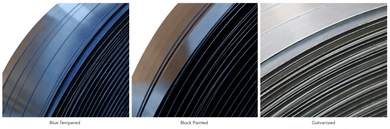 steel-strapping-surface-finishes-blue-tempered-black-painted-galvanized สายรัดเหล็ก - พื้นผิว - เสร็จสิ้น - น้ำเงิน - เทมเปอร์ - ดำ - ทาสี - ชุบสังกะสี