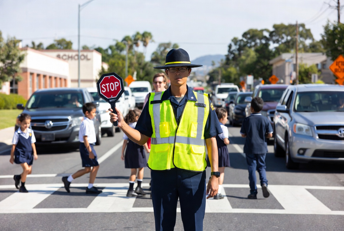 School Crossing Guard In Action Schulübergangswächter in Aktion