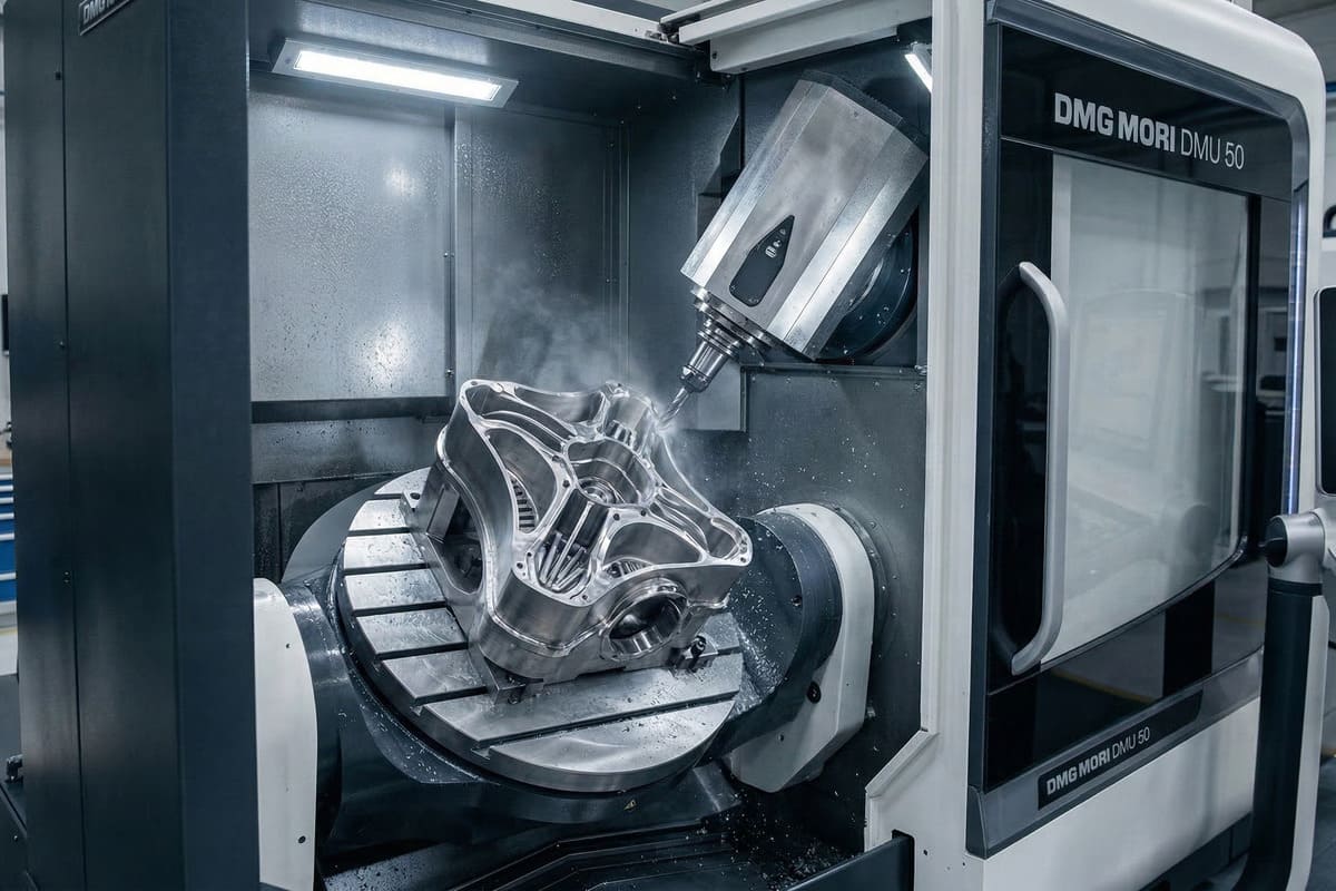 5-axis CNC machining center is producing complex metal parts 複雑な金属部品を製造する 5 軸 CNC マシニング センター