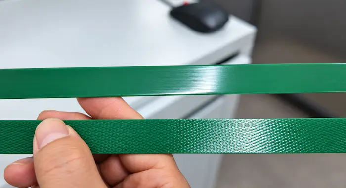 Green Smooth vs Embossed PET strapping สายรัด PET สีเขียวเรียบและแบบนูน