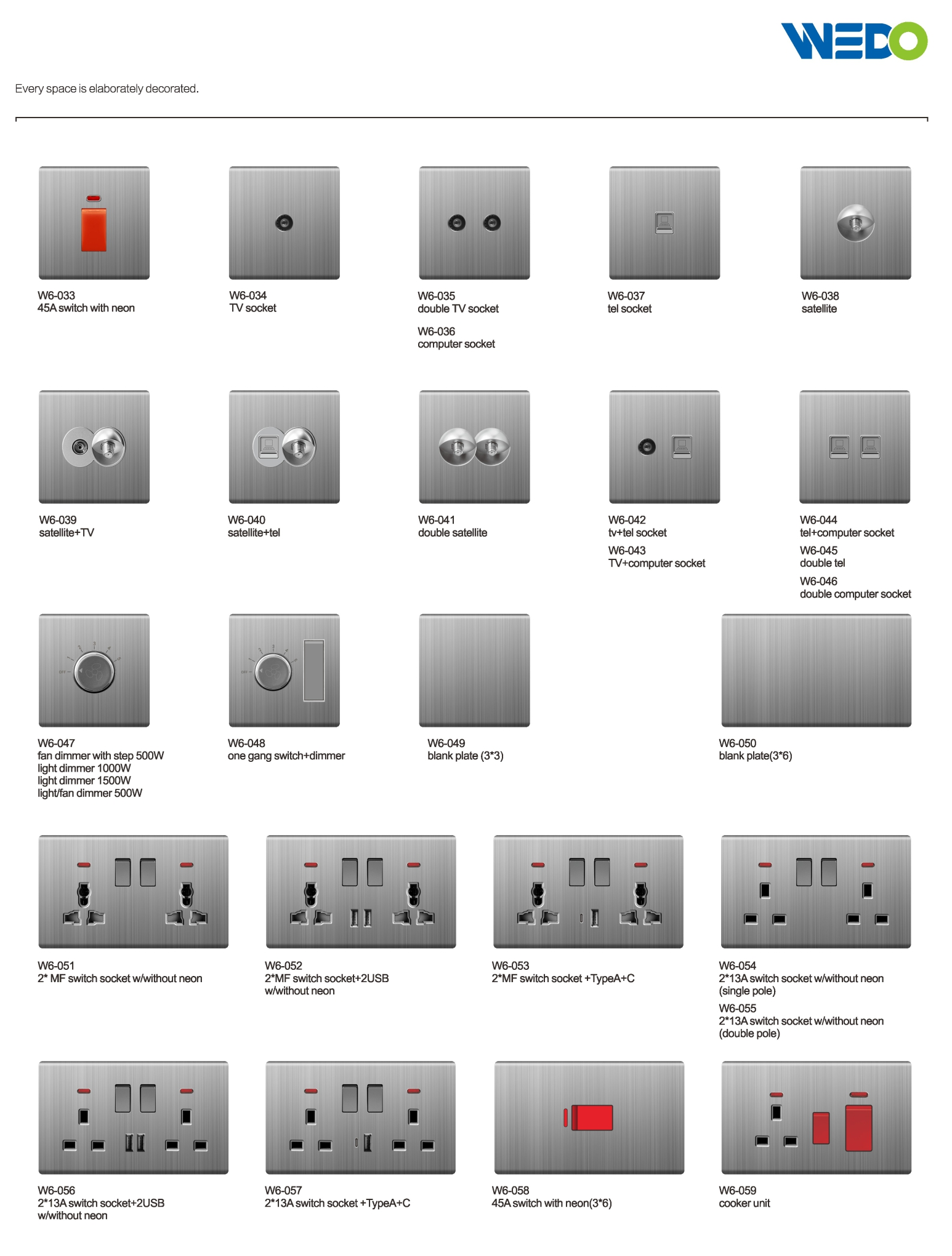 Ultra Slim Switch Socket Brush Cover Dimmer With Switch Innovative Design Generous Appearance W6 Series Switch Socket 