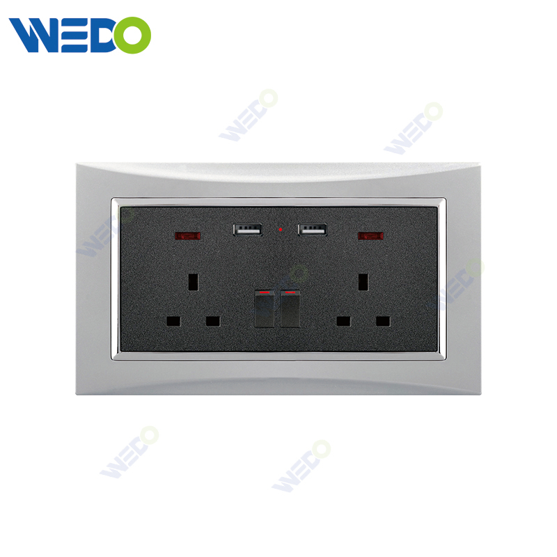M3 Wenzhou مصنع تصميم جديد ضوء الجدار الكهربائية التبديل ومقبس IEC60669 مزدوجة 13A المقبس التبديل مع النيون + 2USB