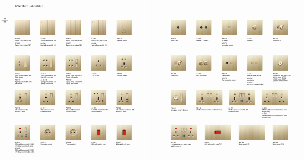 ULTRA THIN A3 Series French Socket Different Color Different Style Fashion Design Wall Switch 