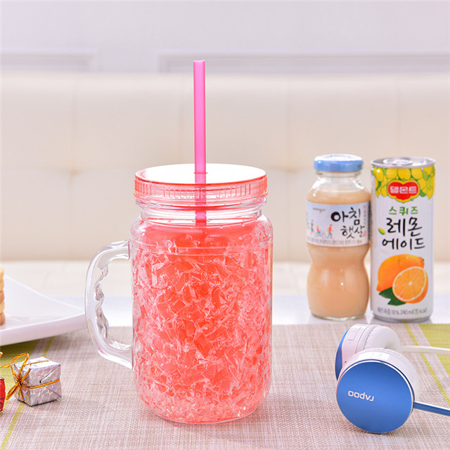 Double Wall Freezer Mason Jar, Freezable Gel Shot Glasses, Ice Cup with Straw