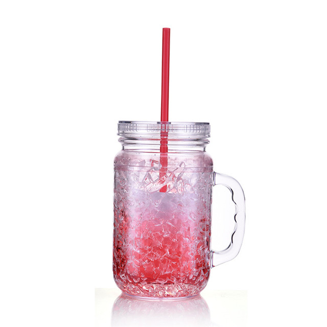 Double Wall Freezer Mason Jar, Freezable Gel Shot Glasses, Ice Cup with Straw