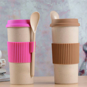 Wheat Straw Fiber Biodegradable Kid -friendly Mealtime Dinnerware Wheat Fiber Cup With Cover Spoon Food Grade Non toxic