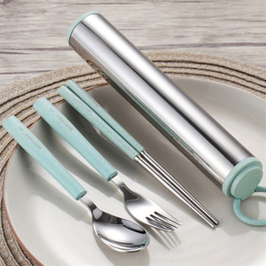 Free Sample Wheat Straw Stainless Outdoor Picnic Tableware Set