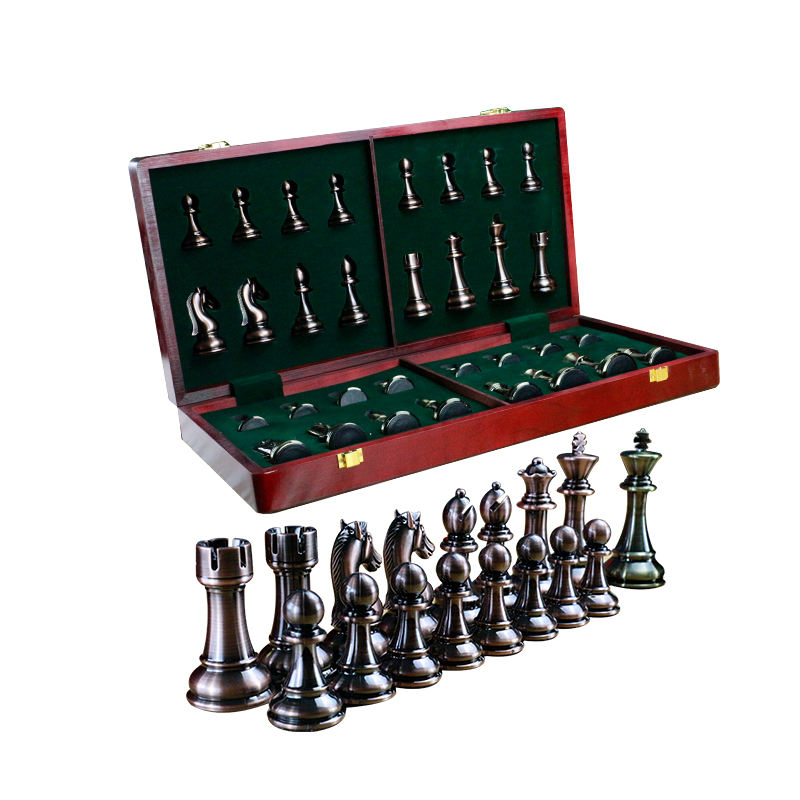 Luxury Travel Chess Set with Classic Metal Pieces and Folding Storage Wooden Chess Board