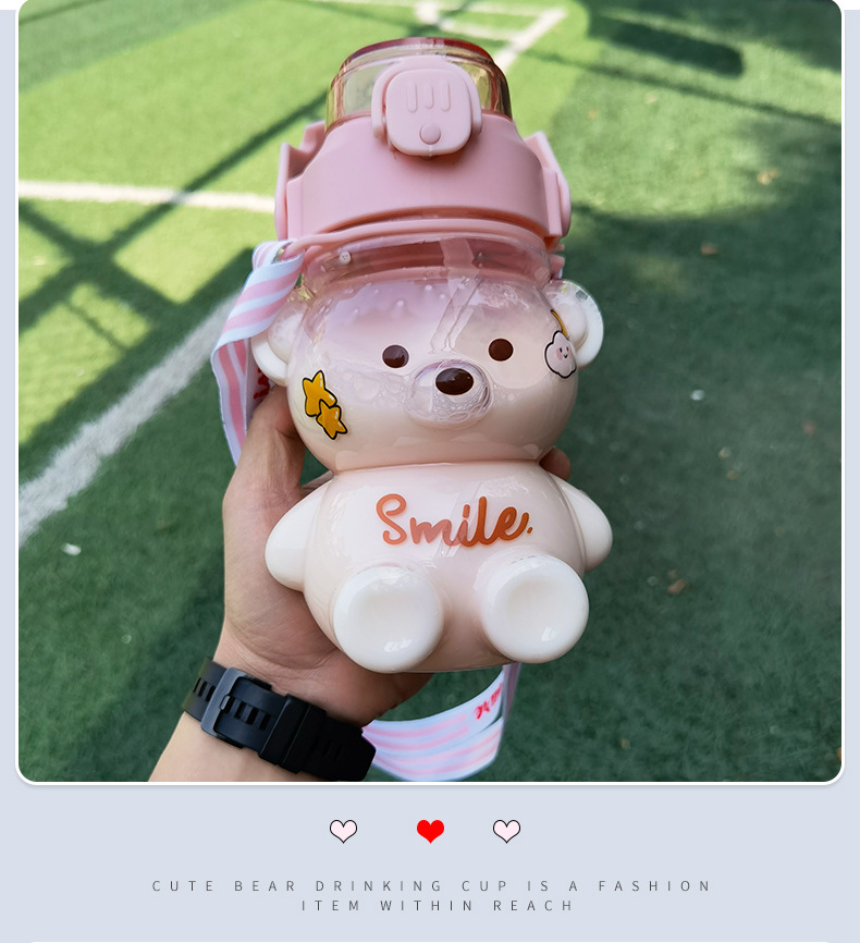 THVALUE 1100MLPortable Water Kettle with Phone Holder Cute Bear Shape Plastic Water Bottle Kawaii Cup Straw Cup With Cute Sticker And Stap 