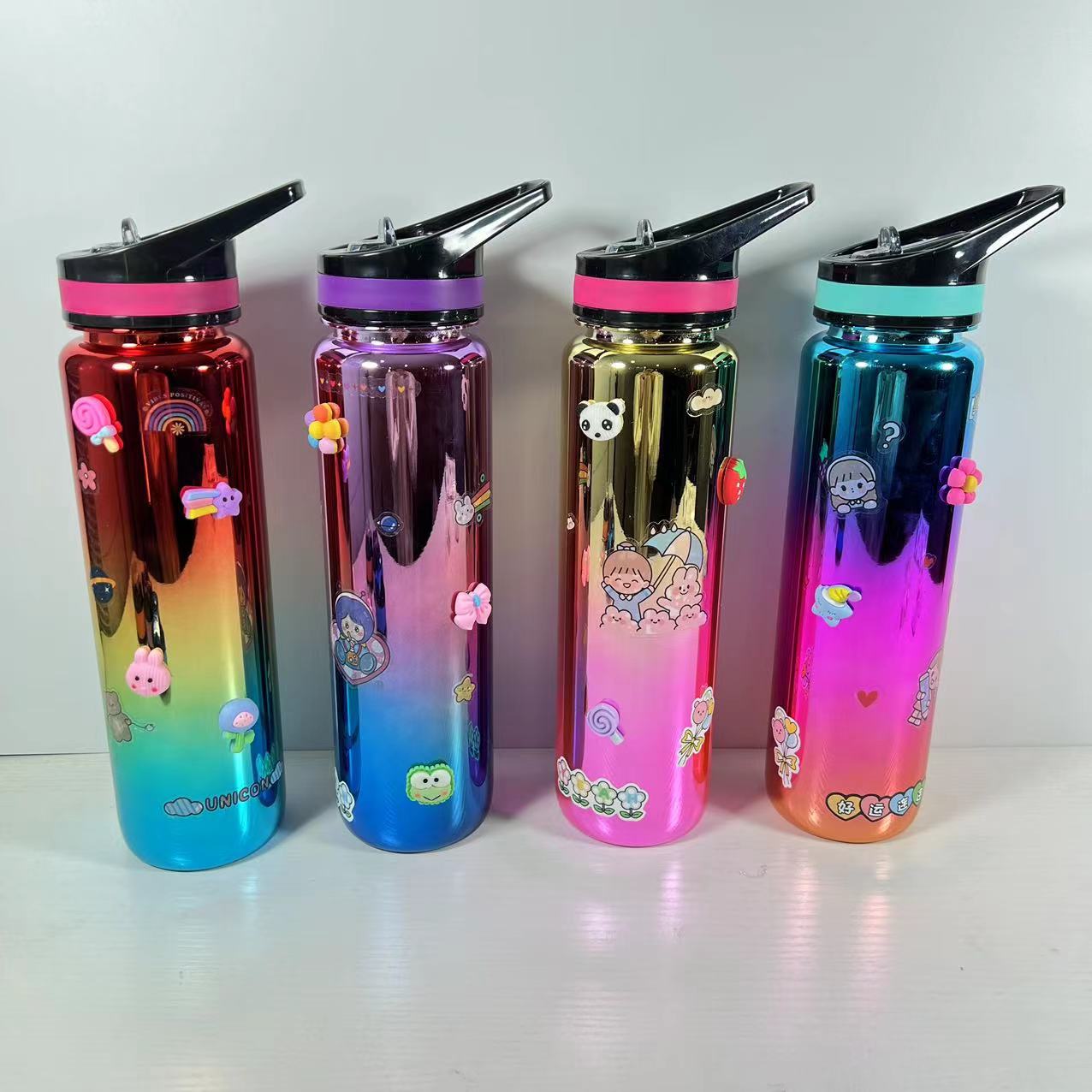 THVALUE Color Eletroplating 1000ml /32 oz Colorful water bottle with time marker and straw motivational water bottle with handle and strap 