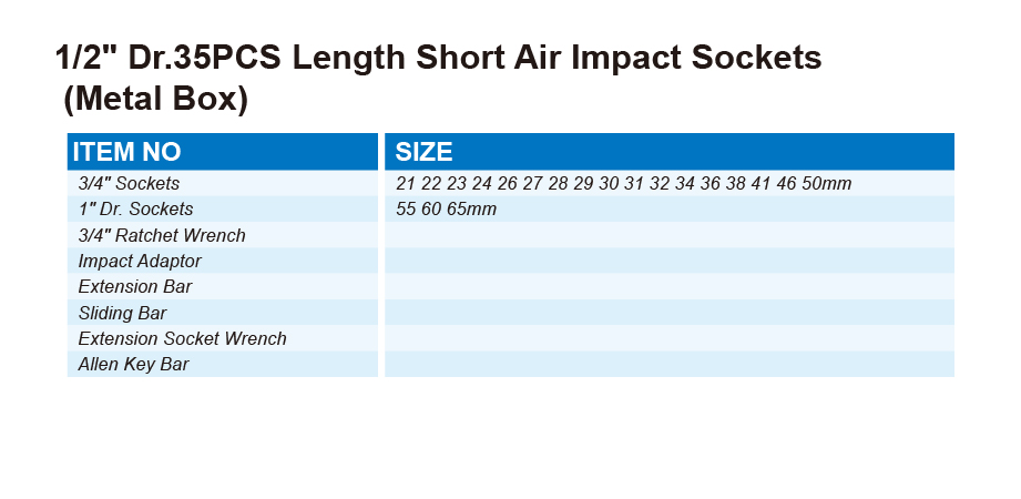 DT0803 1/2" Dr.35PCS Length Short Air Impact Sockets (Metal Box)