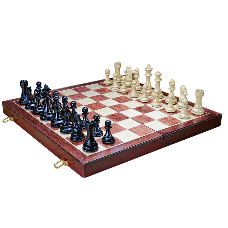 Luxury Travel Chess Set with Classic Metal Pieces and Folding Storage Wooden Chess Board