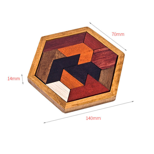 Hexagon Tangram Wooden Puzzle for Children and Adults Wooden Brain Teasers Puzzle for Adults Family Portable Board Games