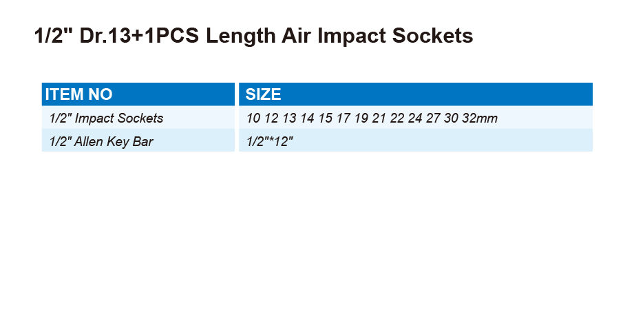 DT0705 1/2" Dr.13+1PCS Length Air Impact Sockets