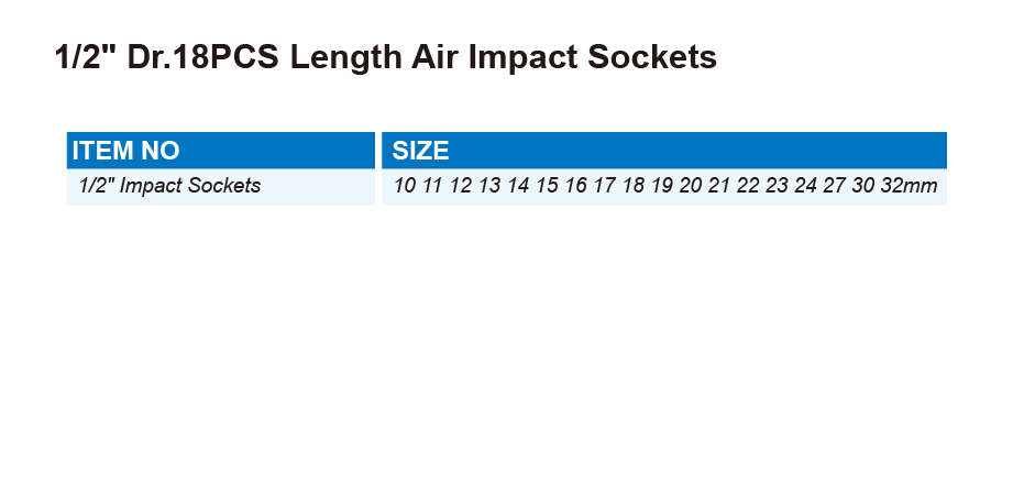 DT0708 1/2" Dr.18PCS Length Air Impact Sockets