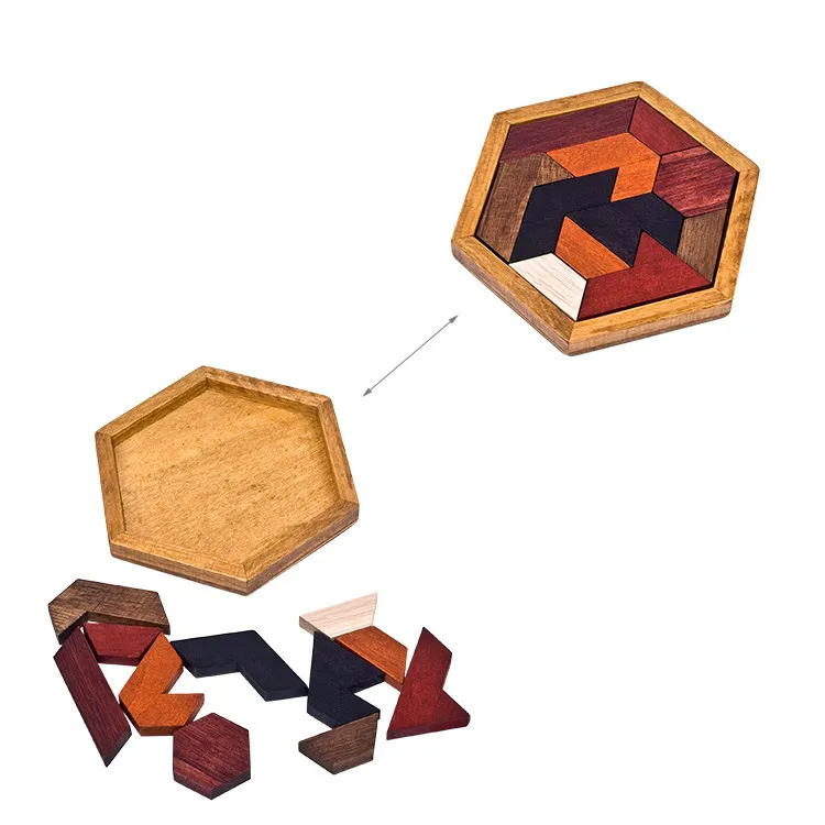 Hexagon Tangram Wooden Puzzle for Children and Adults Challenging Puzzles Wooden Brain Teasers Puzzle Games Family.