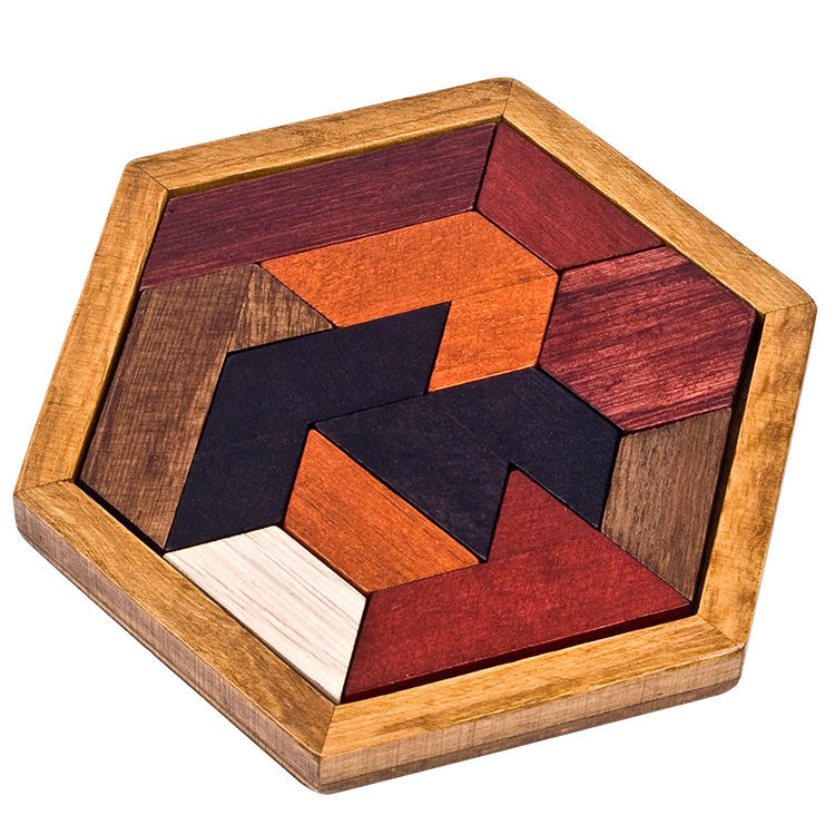 Hexagon Tangram Wooden Puzzle for Children and Adults Wooden Brain Teasers Puzzle for Adults Family Portable Board Games