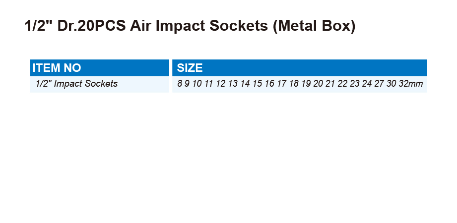 DT0704 1/2" Dr.20PCS Air Impact Sockets (Metal Box)