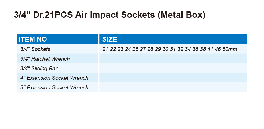 DT0804 3/4" Dr.21PCS Air Impact Sockets (Metal Box)