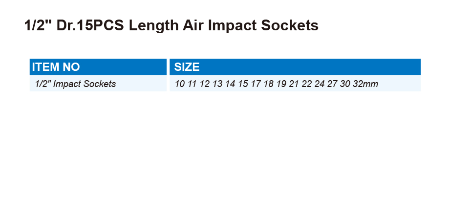 DT0702 1/2" Dr.15PCS Length Air Impact Sockets