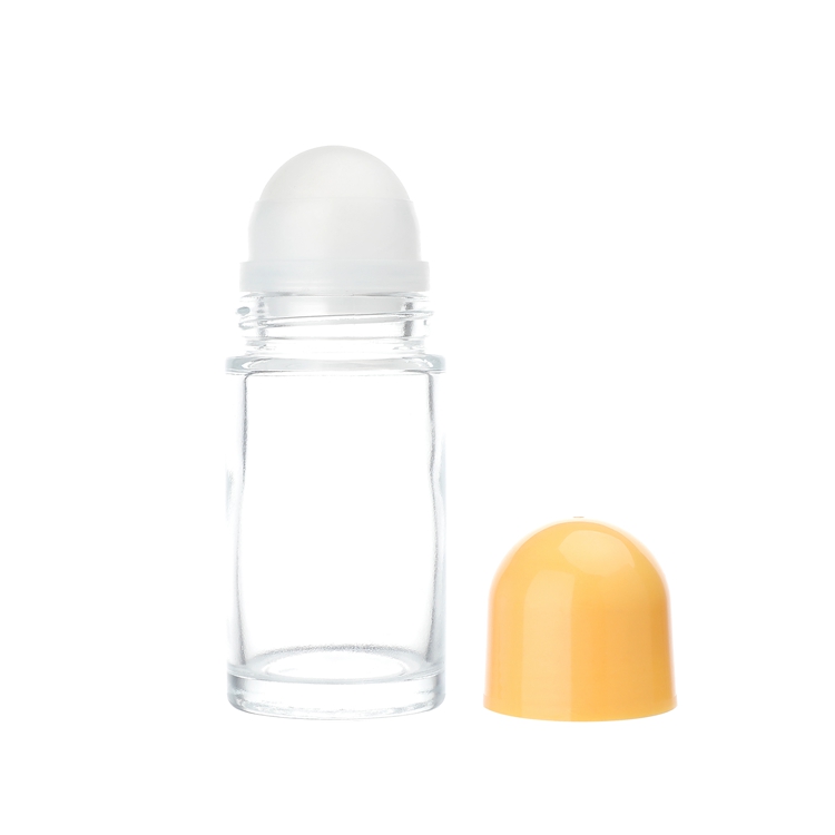 Bouteille de rouleau de parfum cosmétique en verre, vente en gros écologique de 50ml, bouteille à rouleau d'huiles essentielles transparente avec capuchon en plastique