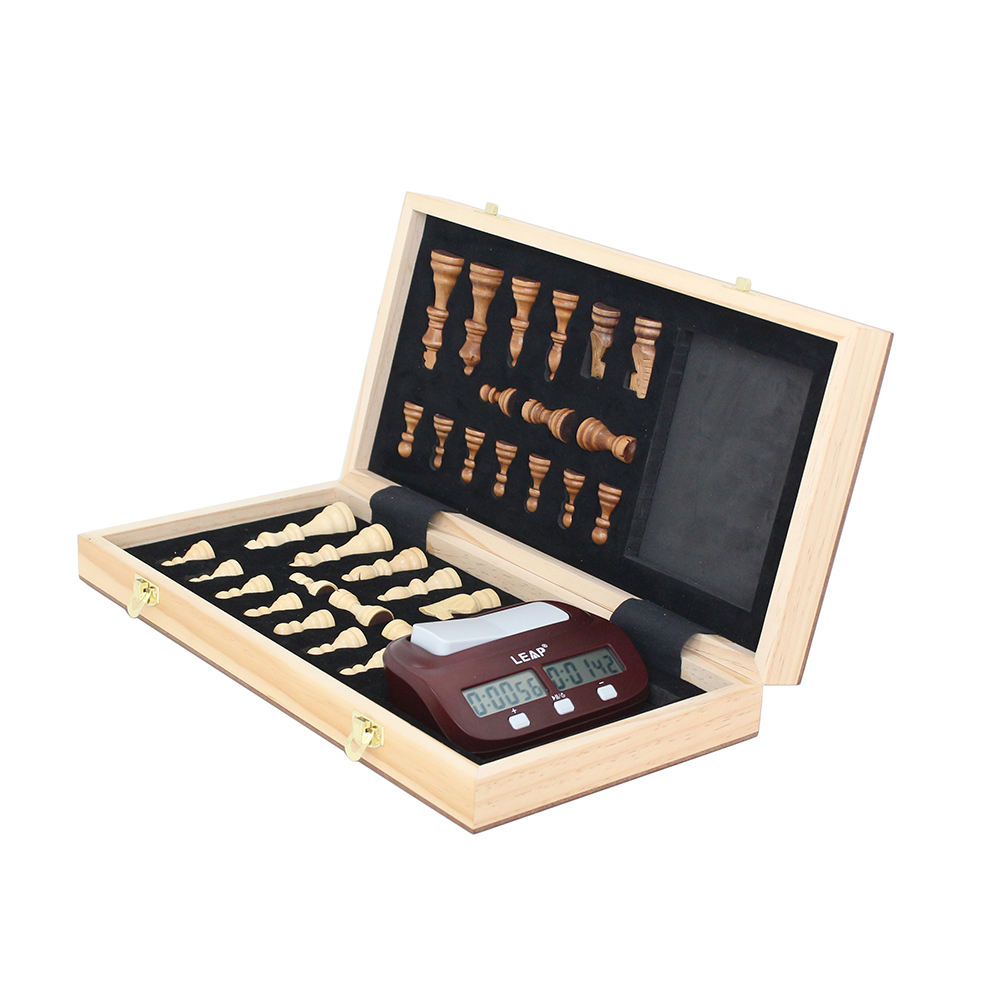 With Digital Clock Timer 15.5" Wooden Felted Chess Game Set Wooden Chess Board Interior Storage Chess Pieces Foldable Chessboard