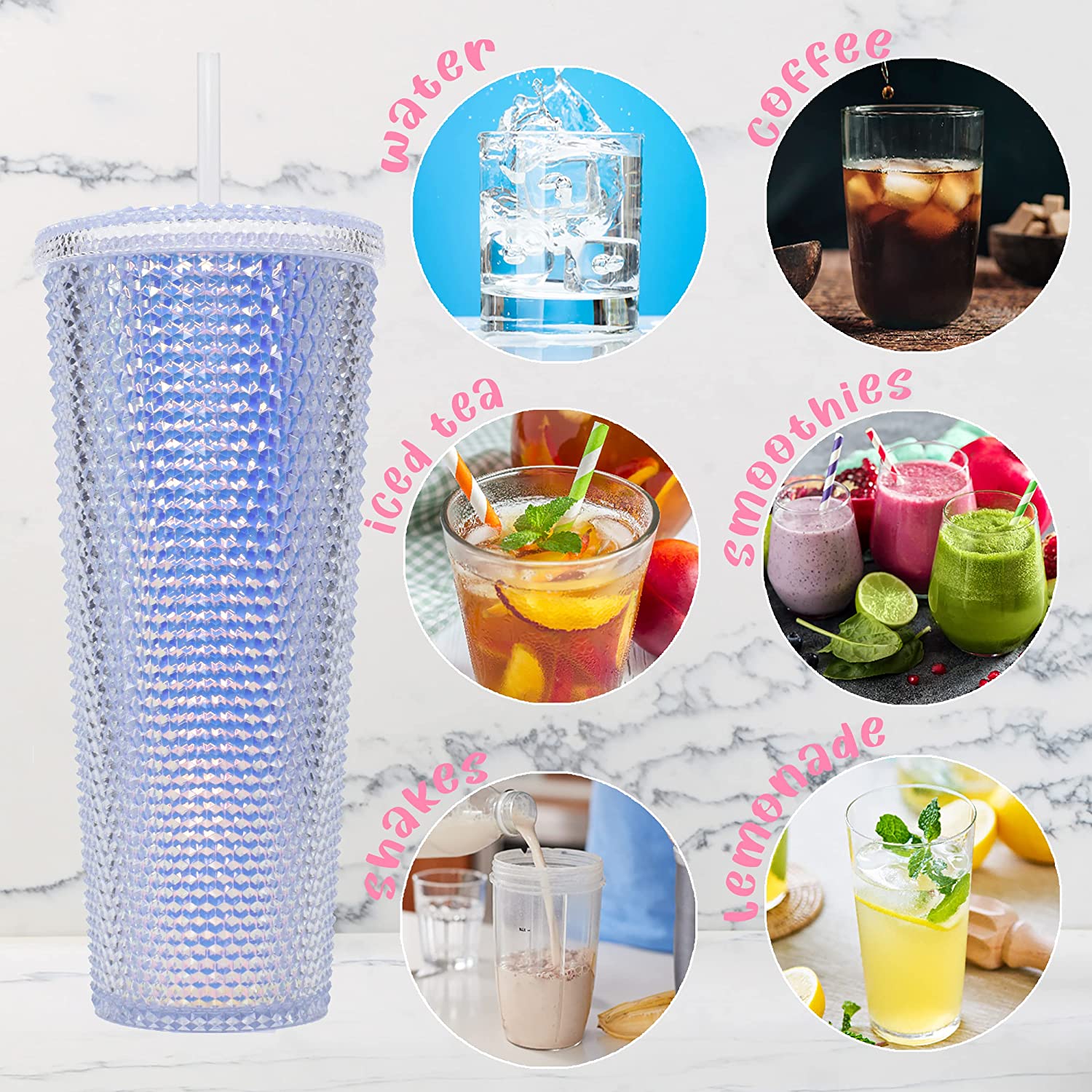 THVALUE 24oz Studded Double Wall Plastic Tumblers with Straw Color Changing Cold Water Cups with Leakproof Lids And Straw Reusable Large Coffee Tumblers