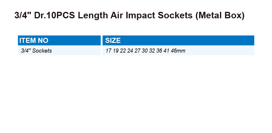 DT0807 3/4" Dr.10PCS Length Air Impact Sockets (Metal Box)