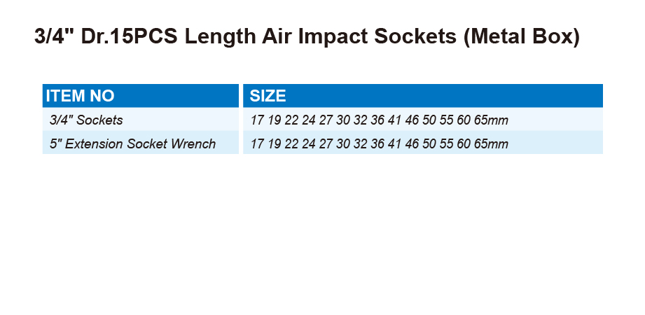 DT0808 3/4" Dr.15PCS Length Air Impact Sockets (Metal Box)