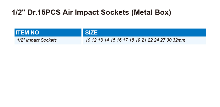 DT0715 1/2" Dr.15PCS Air Impact Sockets (Metal Box)