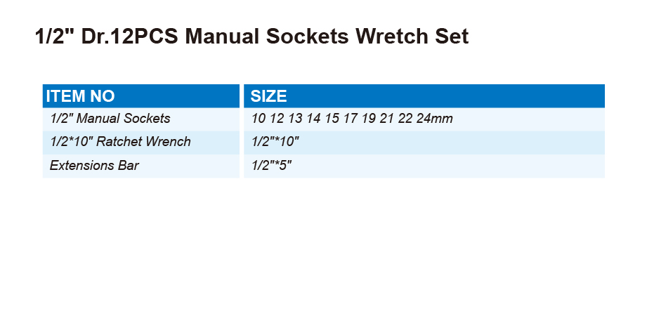 DT0507 1/2" Dr.12PCS Manual Sockets Wretch Set