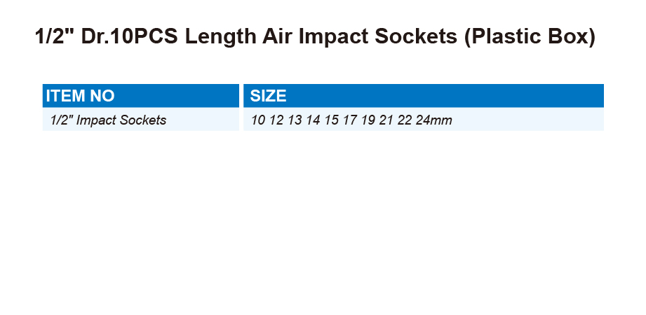 DT0603 1/2" Dr.10PCS Length Air Impact Sockets (Plastic Box)