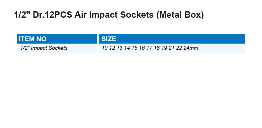DT0714 1/2" Dr.12PCS Air Impact Sockets (Metal Box)