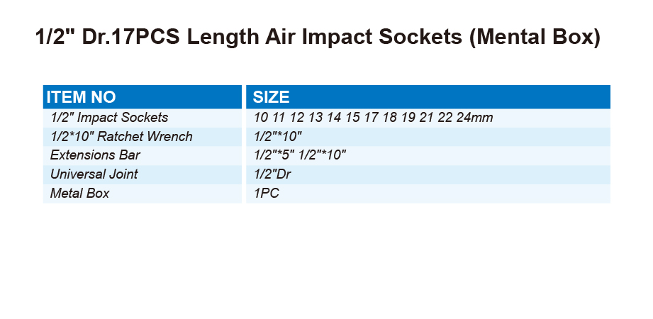 DT0709 1/2" Dr.17PCS Length Air Impact Sockets (Mental Box)